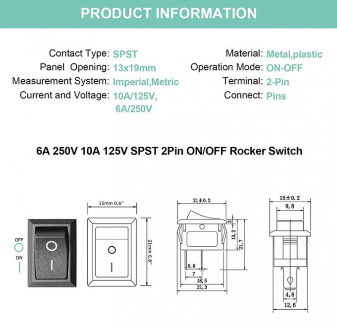 AC 6A/250V 10A/125V Zwart 2 Pin Positie Snap in ON OFF Elektrische boot Rocker Schakelaar 0