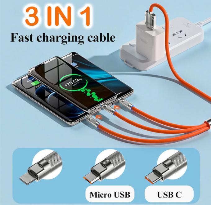 Supersnel opladen 120w 6A Liquid Silicone 3 in 1 Multi Connectors Micro Type C USB Data Charger Cable voor mobiele telefoon 1