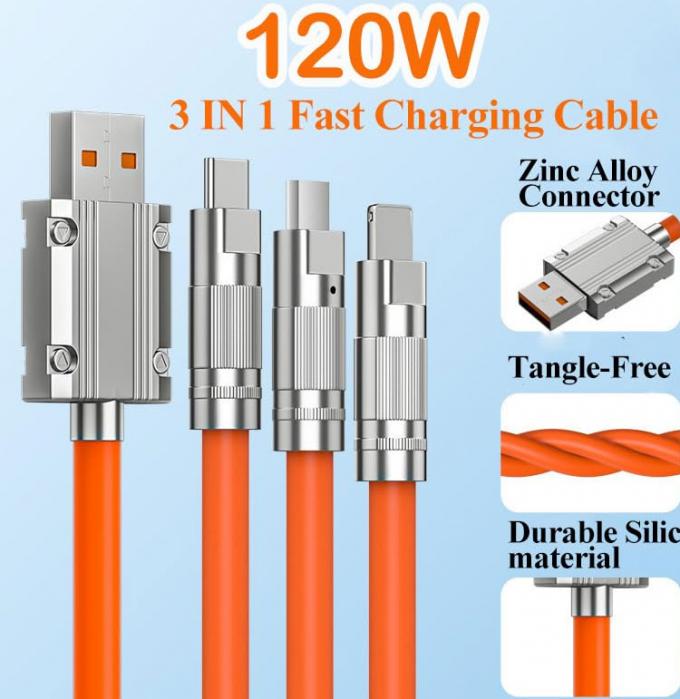 Supersnel opladen 120w 6A Liquid Silicone 3 in 1 Multi Connectors Micro Type C USB Data Charger Cable voor mobiele telefoon 3