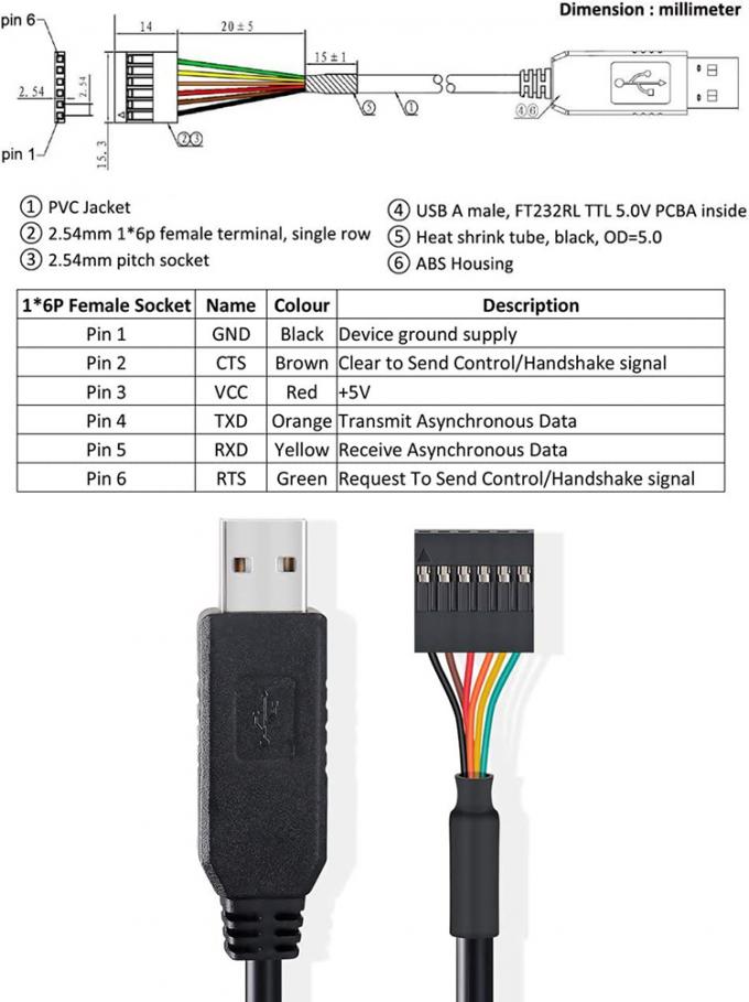 FTDI Chip FT232 USB naar TTL 3.3V 5V Uart RTS CTS TXD RXD Series Converter Cable voor Arduino Raspberry Pi 2